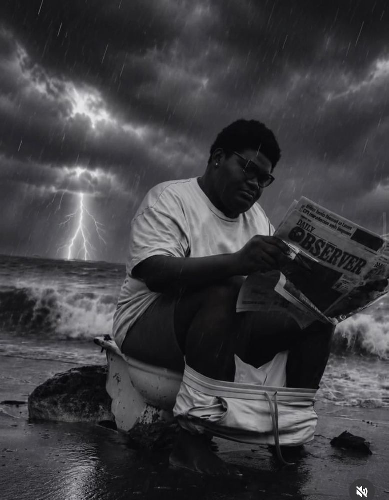Black-and-white storm scene: Lex on a toilet on the beach, reading a newspaper, lightning behind him